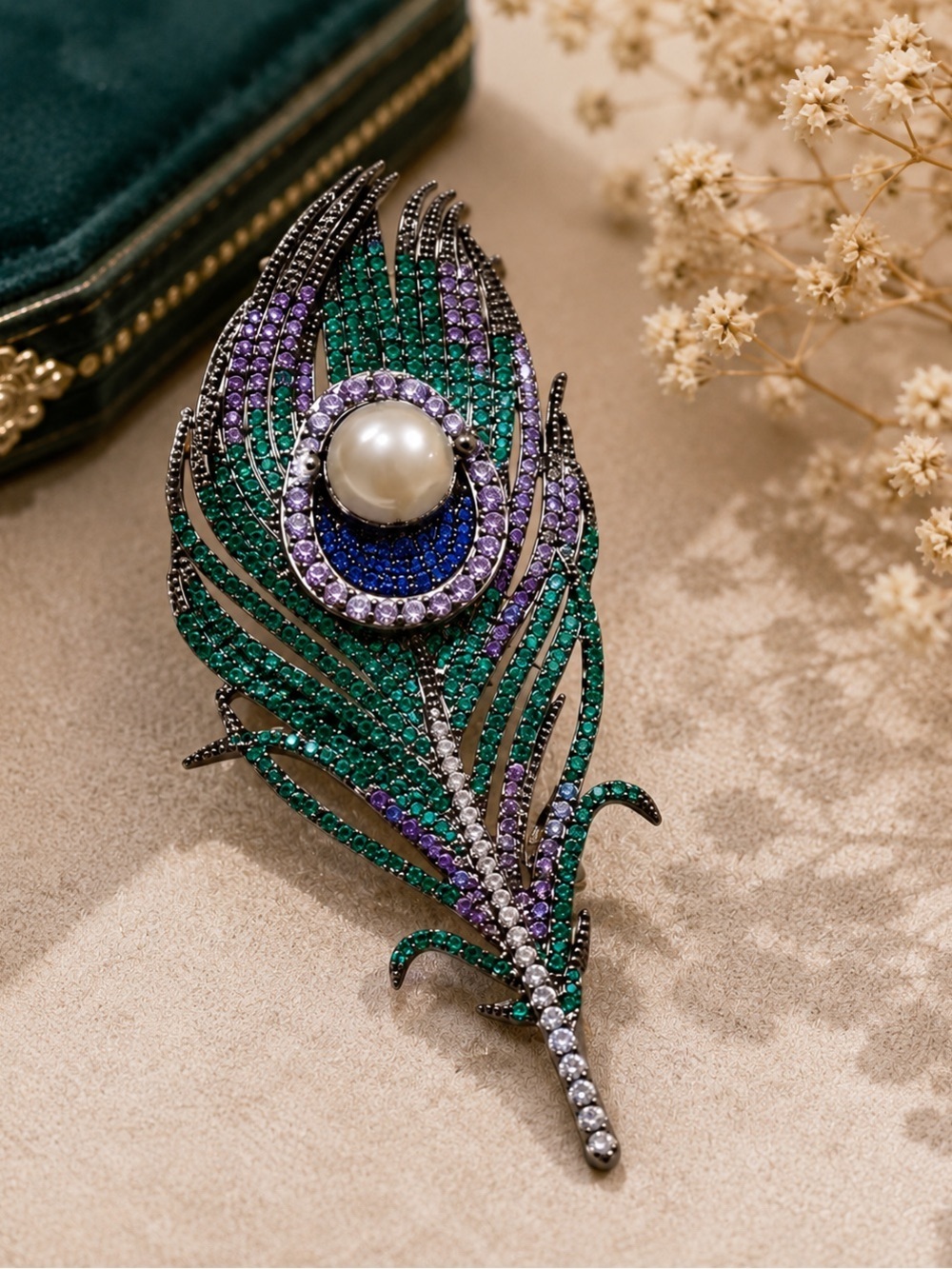 Vintage Inspired Peacock Feather Crystal Pearl Brooch Statement Pin